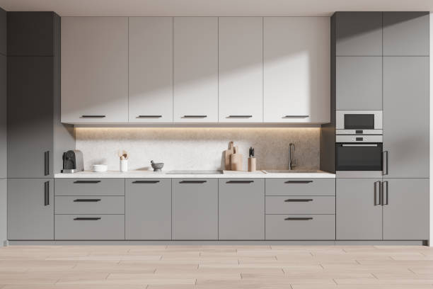 istock Grey modern home kitchen interior with shelves and appliances, kitchenware 2148674176