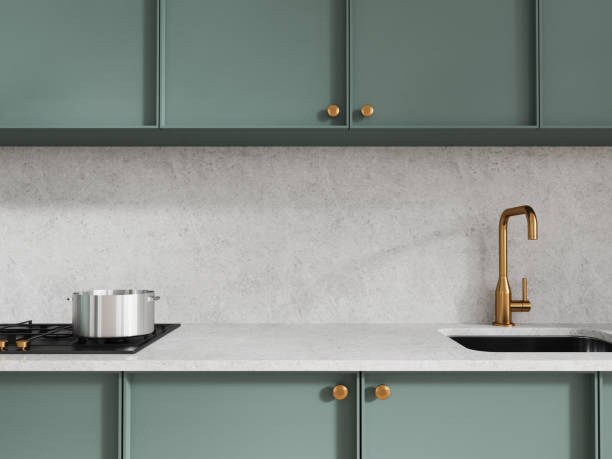 istock Classic home kitchen interior with washbasin and stove, minimalist shelves 2148674200