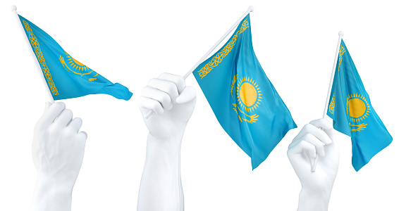 Three isolated hands waving Kazakhstan flags, symbolizing national pride and unity