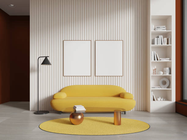 istock Modern living room interior with couch and decoration in shelf. Mockup frames 2148674837
