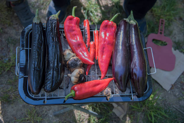 Smoking black mangal barbeque (mangal) with fresh vegetables. garlic, paprika fried and eggplent on mangal barbeque grill
