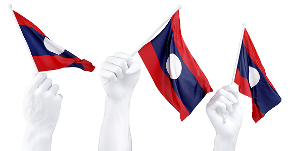 Three isolated hands waving Laos flags, symbolizing national pride and unity