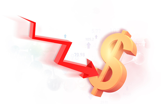Downward arrow business graph with dollar. 3d illustration
