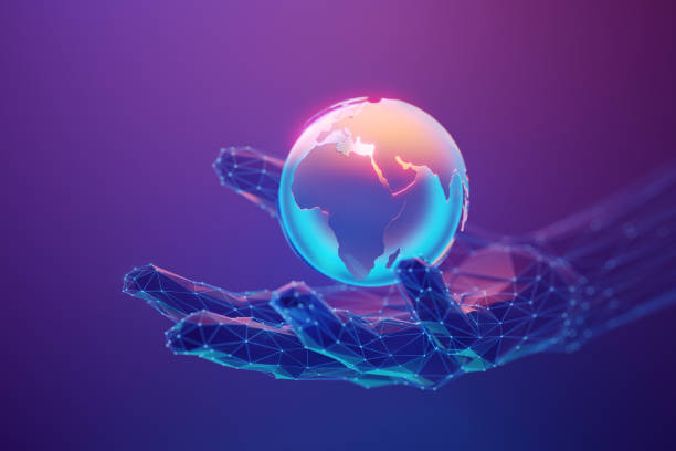 globe 3d icon with africa and eurasia continents on front over the abstract on the abstract human hand made with atom array and plexus effect - middle east map east globe imagens e fotografias de stock