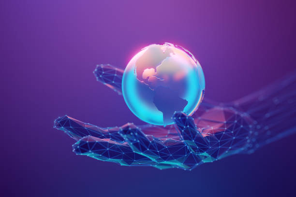 istock Globe 3d icon with Americas continents on front over the abstract on the abstract human hand made with atom array and plexus effect 2148675972