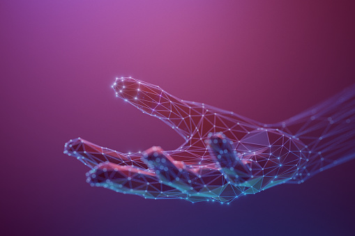 Virtual helping hand. An empty abstract human hand made with atom array and plexus effect. Neon lighting, selective focus
