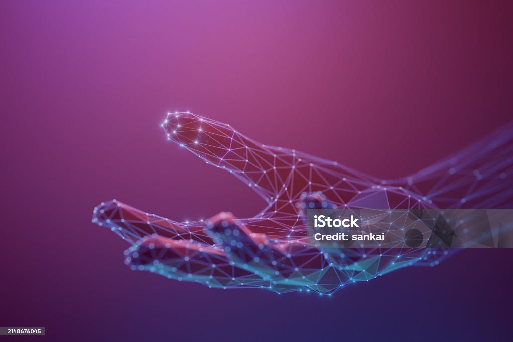 Virtual Background. Hand Virtual Helping Hand An Empty Abstract Human Hand Made With Atom Array ...