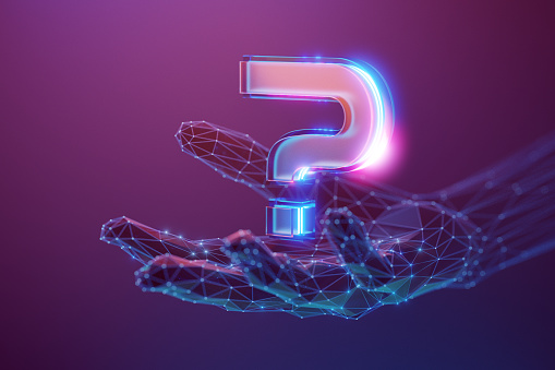 Q&A and Survey concept. Question mark 3d icon on an abstract virtual helping hand. Neon lighting, selective focus