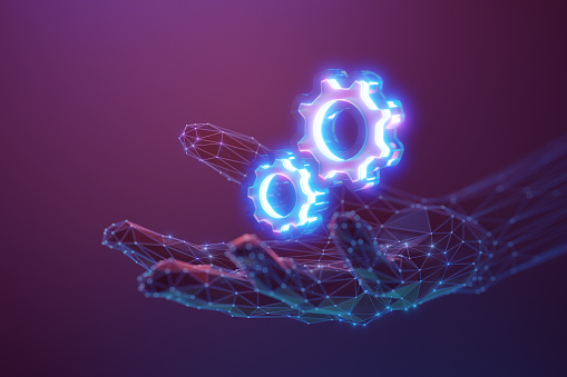 Development, digital solution and teamwork concept. Gears glowing 3d symbol on an abstract virtual helping hand. Neon lighting, selective focus.