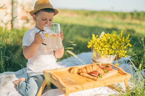Portrait of a little boy with a hat sitting on the lawn drinking lemonade from a pitcher.