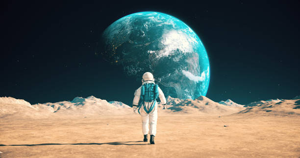 istock Brave Astronaut Walking On An Alien Planet. Beautiful Earth In Sky. 2148677530