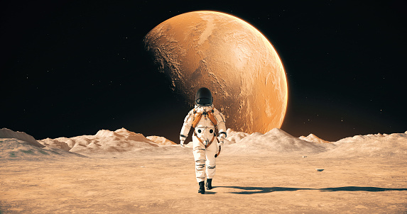 Astronaut Walking On A Planet Surface. Making First Steps. Mars Colonization Concept. Space Related Majestic Scene.

High quality 3D rendered video, made from high res textures by NASA: https://nasa3d.arc.nasa.gov/detail/mar0kuu2