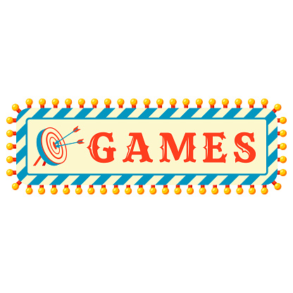 Games illuminated rectangle sign retro banner design template vector illustration. Greeting announcement vintage striped signboard with dartboard and arrow fun playing attraction invitation