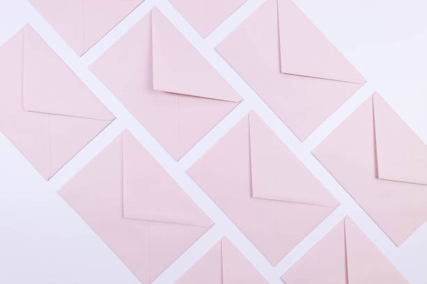 istock Top view of pink envelopes on white background. Post flat lay. 2148678882