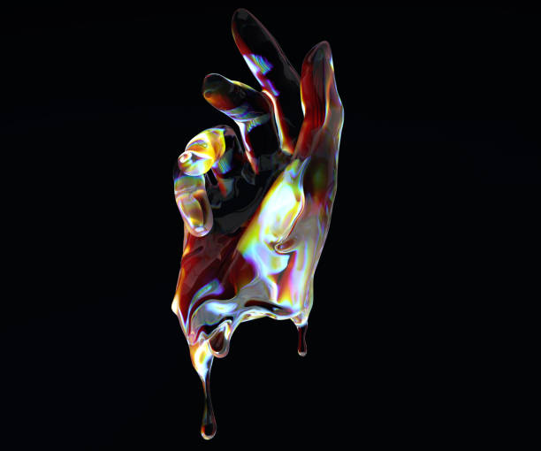 istock 3d render holographic abstract futuristic design idea. Colorful paint textured transparent liquid hand, 3d rendering concept. 2148679092