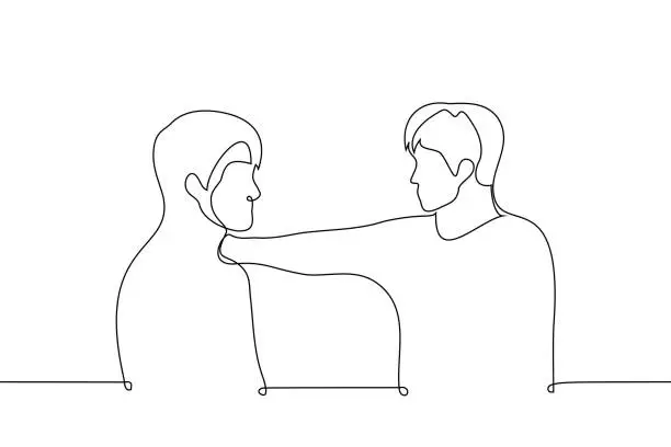 Vector illustration of man put his hand on his friend's shoulder and looks into his eyes - one line drawing vector. concept male friendship, emotional support, empathy, kindness