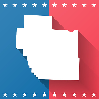 Map of Miller County - Missouri, on a blue and red colored background. The blue color represents the Democratic Party and the red color represents the Republican Party. White stars are placed above and below the map. Vector Illustration (EPS file, well layered and grouped). Easy to edit, manipulate, resize or colorize. Vector and Jpeg file of different sizes.