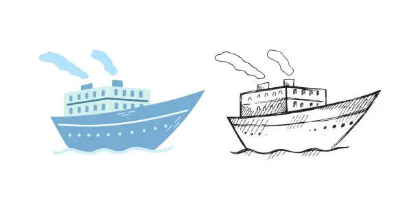 Vector illustration of Cute hand drawn ship, steamboat, steamship. Flat and sketch outline vector illustration isolated on white background. Doodle drawing.