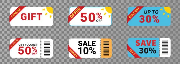 Vector illustration of Coupon promotion ticket set of summer theme. Gift voucher or discount sticker