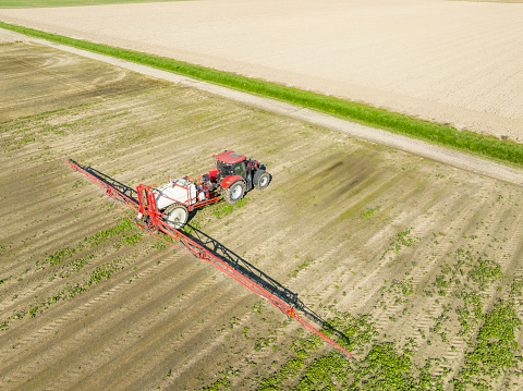 Agriculutural crops sprayer spraing herbicides, pesticides or fertilizers on a green field during springtime in Flevoland, Netherlands.