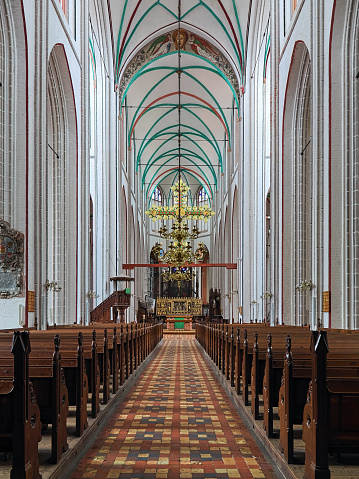 Schwerin, Germany - October 21, 2016: Interior of Schwerin Cathedral. The cathedral dedicated to the Virgin Mary and Saint John the Evangelist was founded in the late 12th century. It is now the seat of the Bishop of the Evangelical Lutheran Church of Mecklenburg.