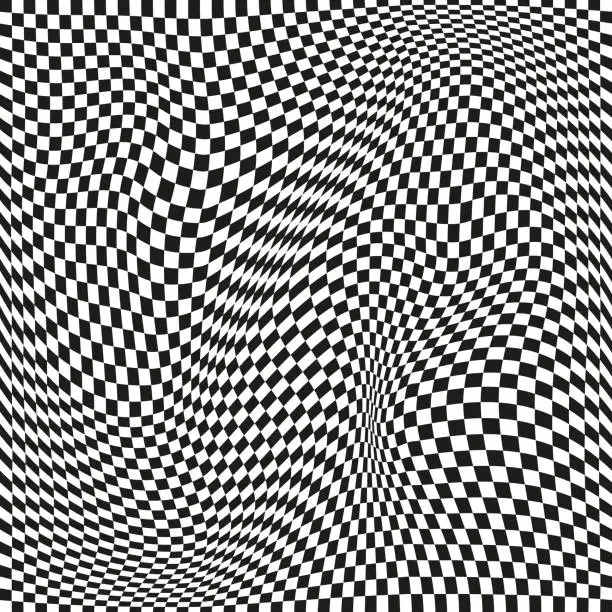 Vector illustration of Seamless checkered pattern. Distorted optical illusion banner. Op art checkered curved pattern.