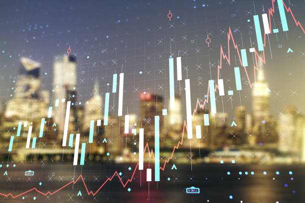 istock Abstract virtual financial graph hologram on blurry skyline background, forex and investment concept. Multiexposure 2148685478