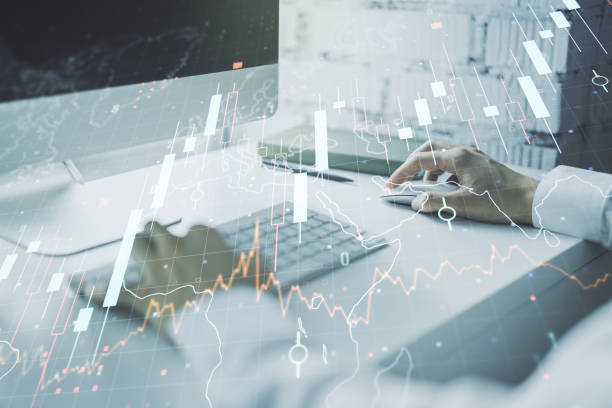 istock Double exposure of abstract creative financial diagram with world map and with hands typing on computer keyboard on background, banking and accounting concept 2148685518