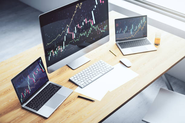 istock Abstract creative financial graph on modern laptop screen, forex and investment concept. 3D Rendering 2148685580