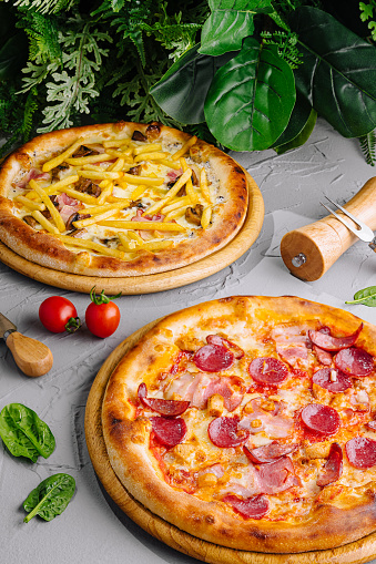 Two delicious pizzas with meat and vegetarian toppings on a stylishly garnished table