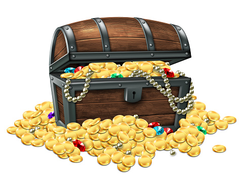 Wooden antique chest full of gold coins and jewelry scattered around. Realistic illustration..