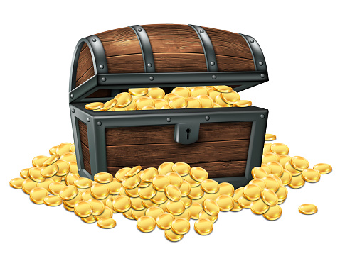 Wooden  ancient chest and scattered coins on a white background. Realistic illustration.