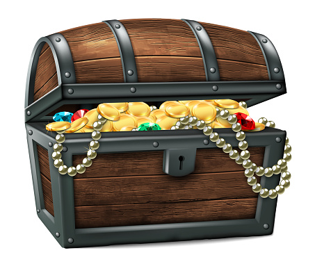 Wooden antique chest full of gold coins and jewelry on a white background . Realistic illustration.