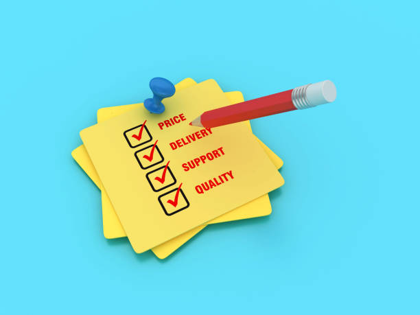Sticky Note with Price Delivery Support Quality Words and Pencil - Colored Background - 3D Rendering