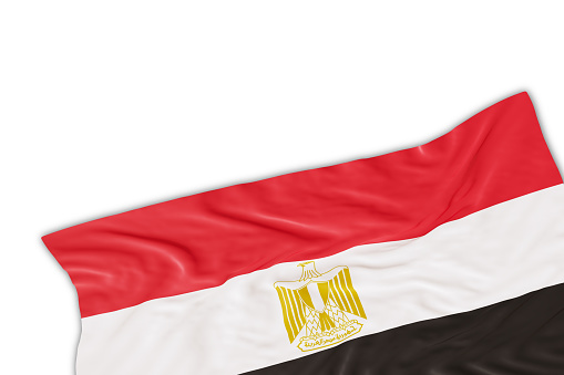 Realistic Egypt flag with folds, isolated on white background. Footer, corner design element. Perfect for patriotic themes or national event promotions. Empty, copy space. 3D render