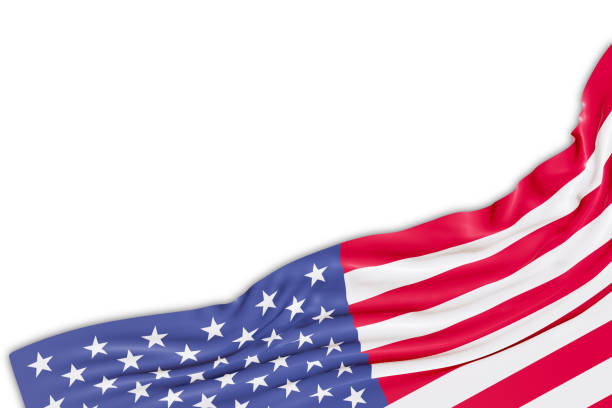 Realistic American, USA flag with folds, isolated on white background. Footer, corner design element. Perfect for patriotic themes, Independence Day designs, or national event promotions. 3D render bandera realista de los e.e.u.u.u. con los pliegues, aislada sobre fondo blanco. pie de página, o de diseño de esquina. perfecto para temas patrióticos, diseños del día de la independencia o promociones de eventos nacionales. renderizado 3d.