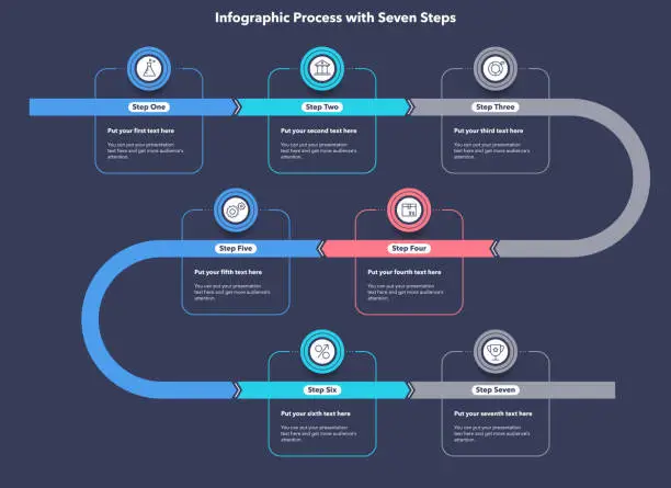 Vector illustration of Infographic process diagram divided into seven steps with minimalistic icons - dark version