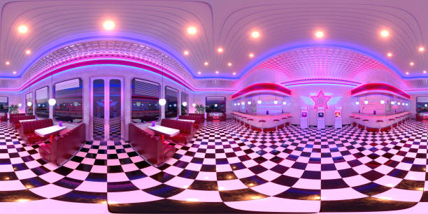 istock Neon retro diner interior. Full spherical panorama 360 degrees. 3D render illustration. 2148688526