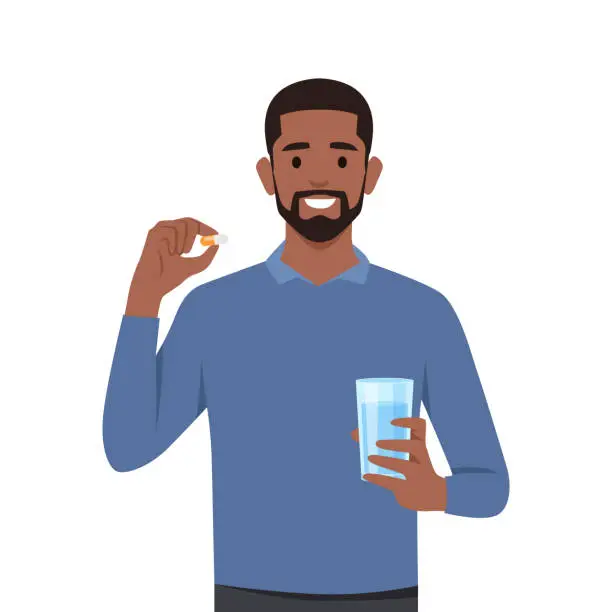 Vector illustration of Young man standing and holding glass of water and pill capsule painkiller or vitamin medication in hands.