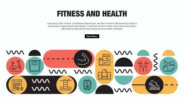 Vector illustration of Fitness And Health Related Vector Banner Design Concept. Global Multi-Sphere Ready-to-Use Template. Web Banner, Website Header, Magazine, Mobile Application etc. Modern Design.