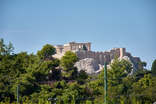 Acropolis, Parthenon seen from Panathenaic Stadium (Kallimarmaro) on a clear day with a blue sky
