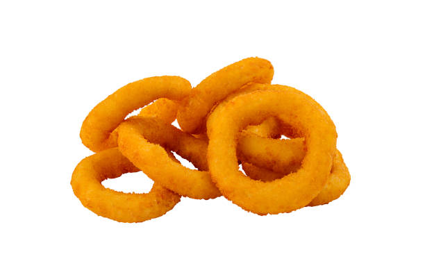 istock Crispy golden onion rings on white background 2148691829