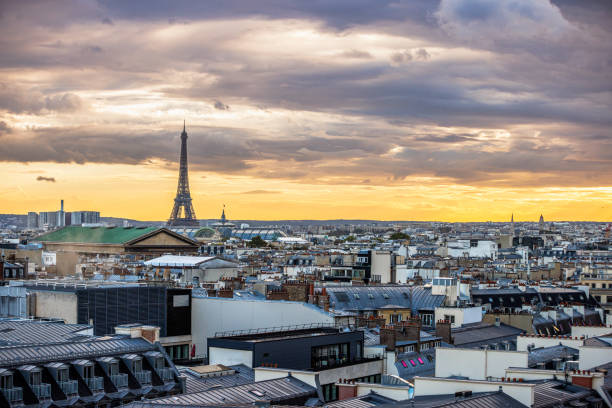 istock Paris cityscape and the Eiffel Tower under the moody sky at dusk 2148692562