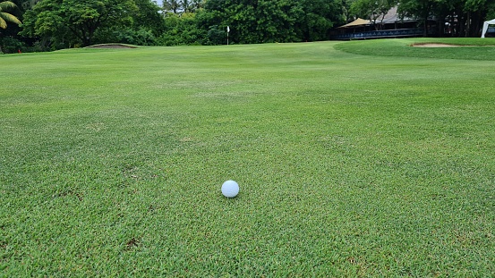 A golf ball is seen sitting motionless on the perfectly manicured green of a golf course
