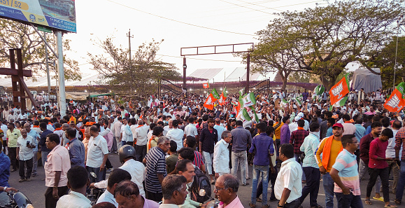Mysuru, Karnataka, India-April 14 2024; A Sea of people gathered at an election rally to welcome the Honorable Prime minister Narendra Modi who campaigned for Lok Sabha 2024 polls at Mysuru in Karnataka, India.