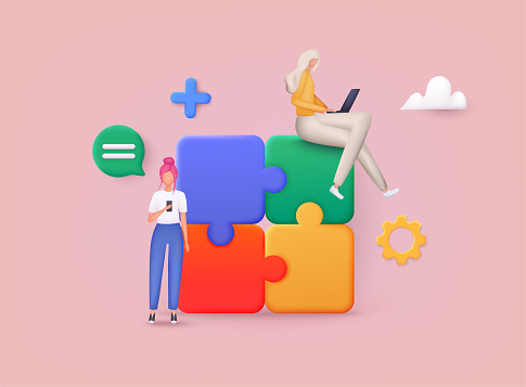 Business concept. Team metaphor. people connecting puzzle elements. App icon. 3D Web Vector Illustrations.