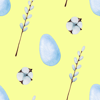 Seamless Easter Pattern with Blue Eggs and Cotton Flowers with Pussy Willow on a Yellow Background. Holiday Spring Wallpapers. Print For Paper and Textile. Wrapping Paper.