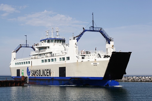 Ballen, Denmark - August 9, 2020: Ferry boat navigating between the harbor of Kalundborg and Ballen on the Samso island