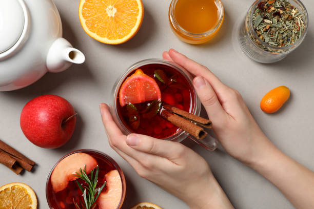 istock Concept of hot drink - berry and fruit tea, top view 2148696071