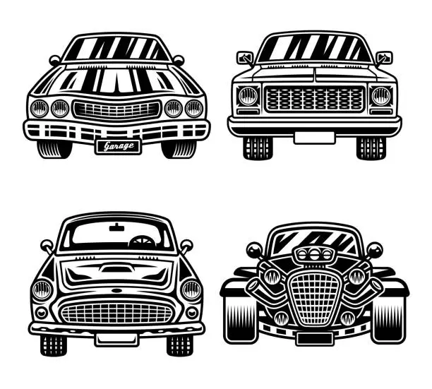 Vector illustration of Retro cars front view vector objects in monochrome style isolated on white background